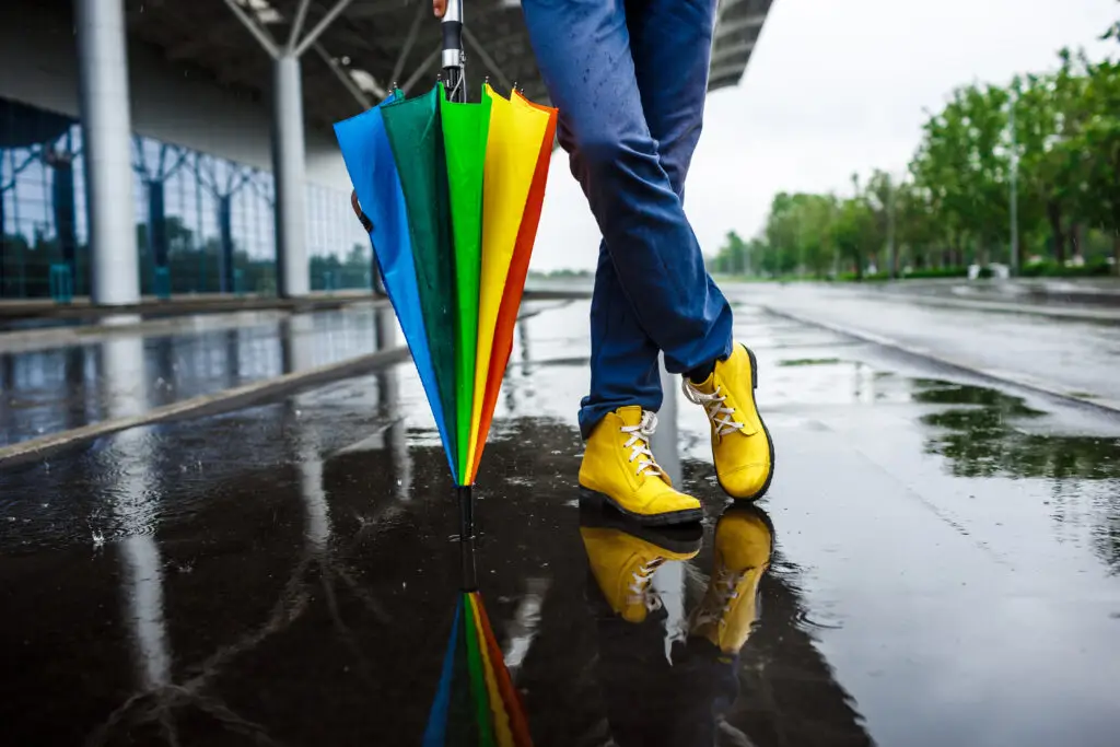 Picture Young Businessman S Yellow Shoes Motley Umbrella Rainy Street
