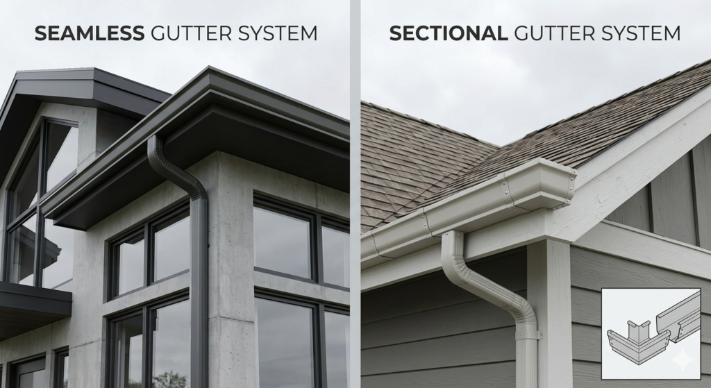 Seamless Vs. Sectional Gutters: Cost, Pros, And Cons 1 Seamless And Sectional Gutter System