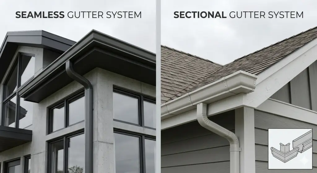 Seamless Vs. Sectional Gutters: Cost, Pros, And Cons 1 Seamless And Sectional Gutter System